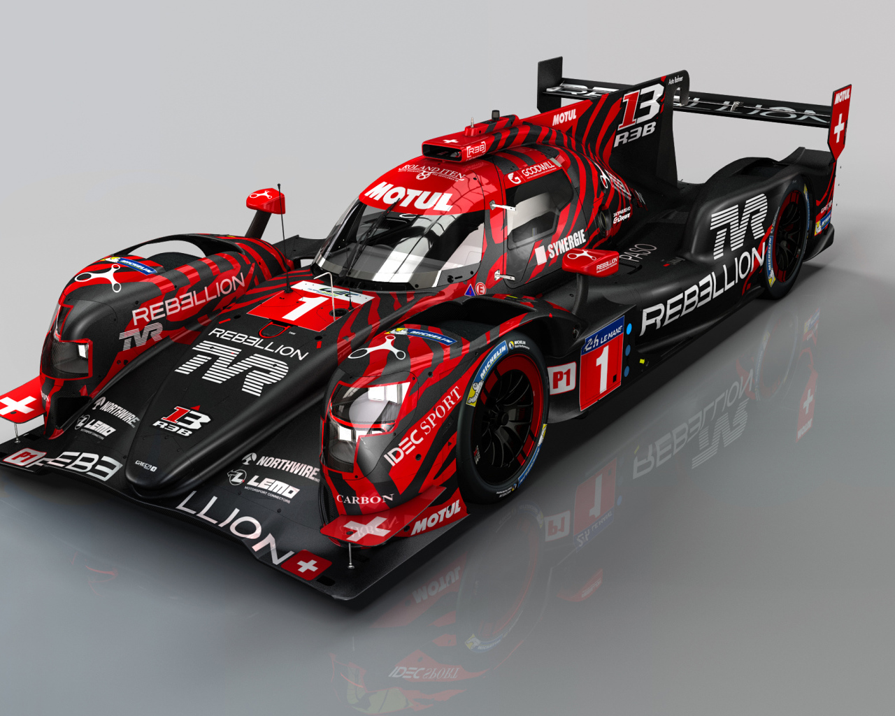 Гоночный автомобиль Rebellion R13 на сером фоне