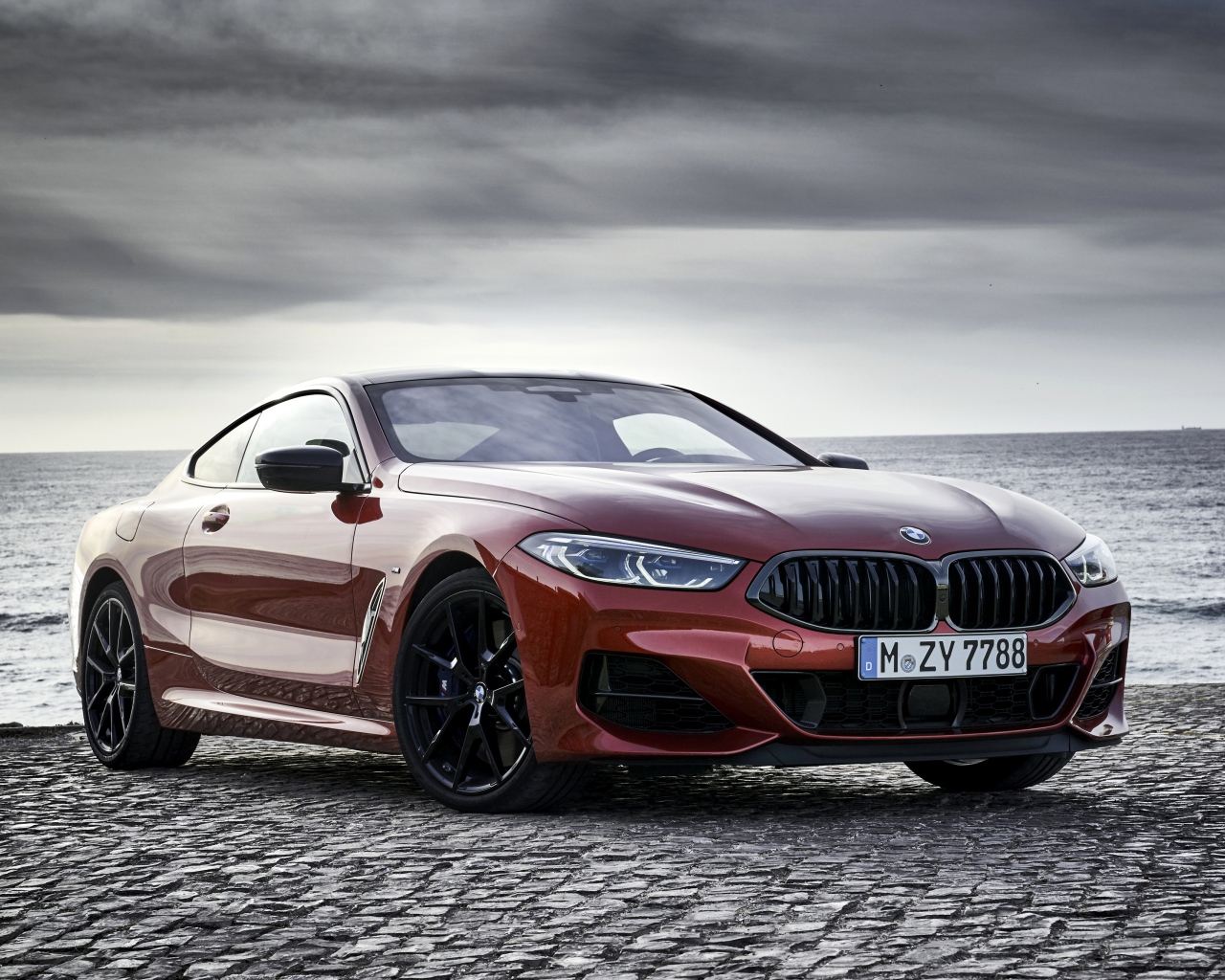 Red BMW 8 Series car on the background of the sea