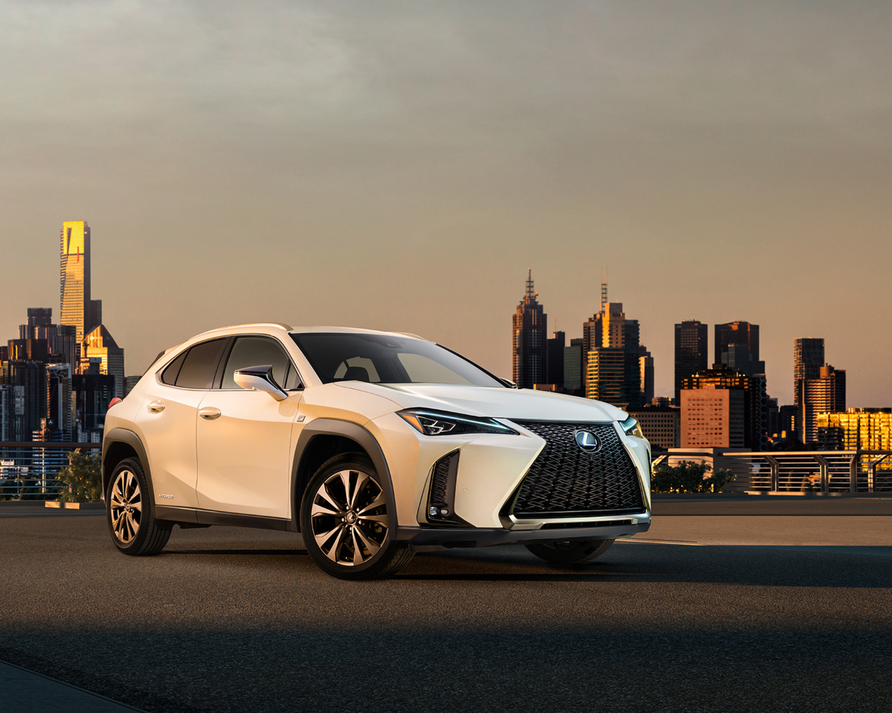 Белый внедорожник Lexus UX, 2019 на фоне города