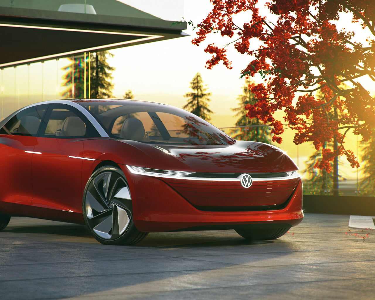 Красный автомобиль Volkswagen Id Vizzion 2018 в лучах солнца