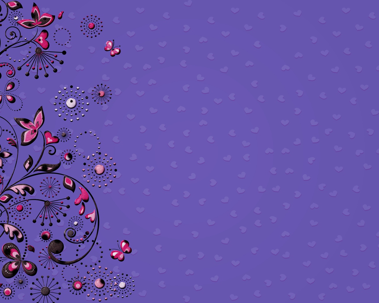 Узоры с бабочками и сердечками на фиолетовом фоне