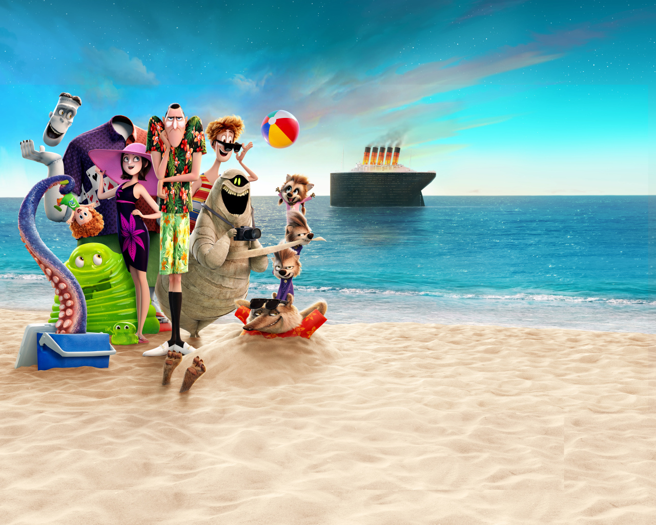 Персонажи мультфильма Монстры на каникулах 3. Море зовёт 2018 на пляже