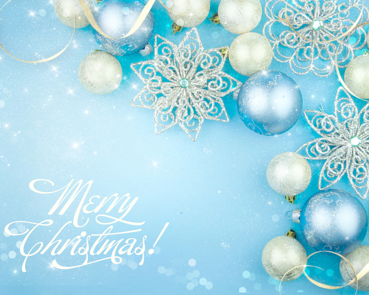 Beautiful Christmas decorations on a blue background with an inscription Merry Christmas.