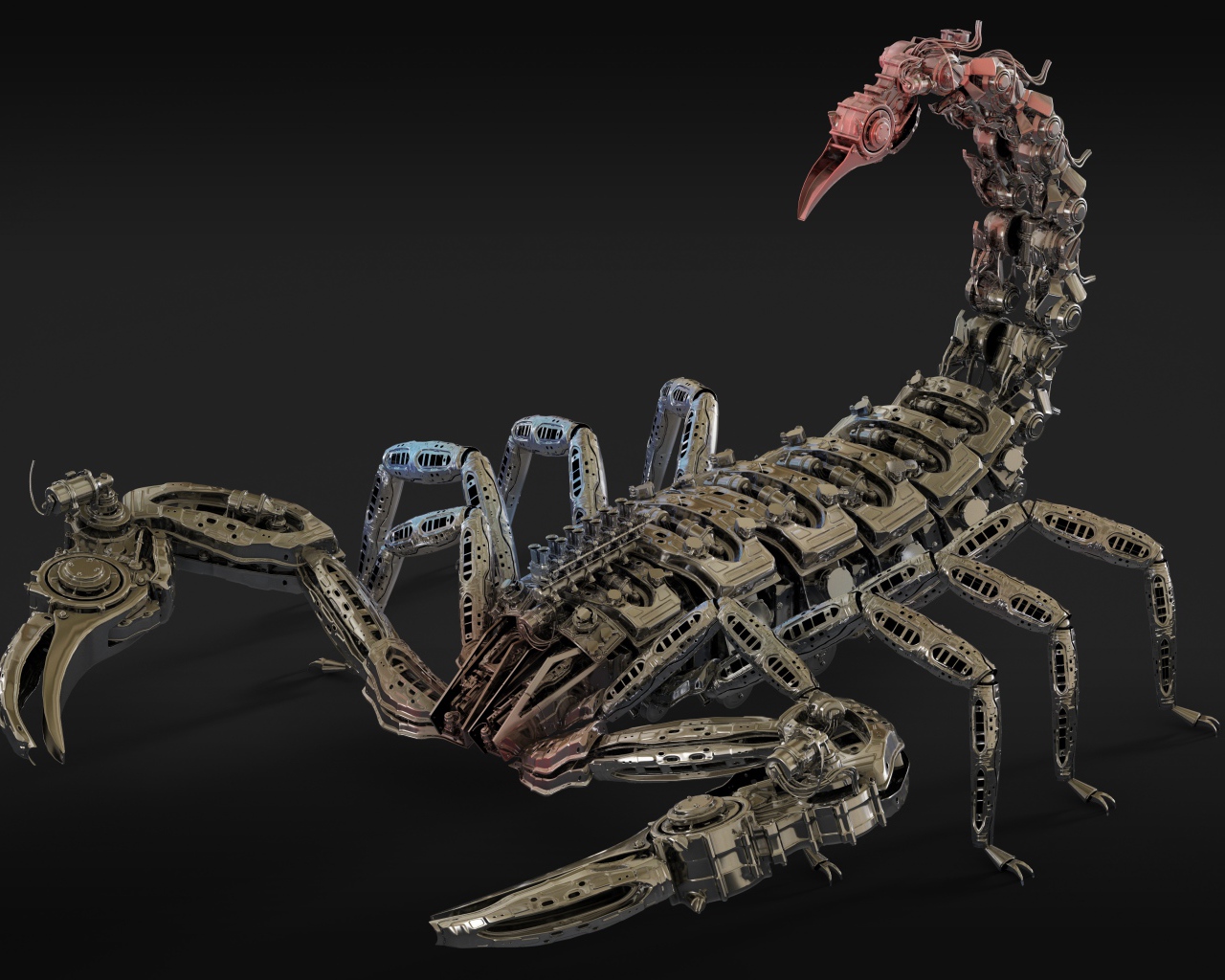 Металлический робот скорпион на сером фоне