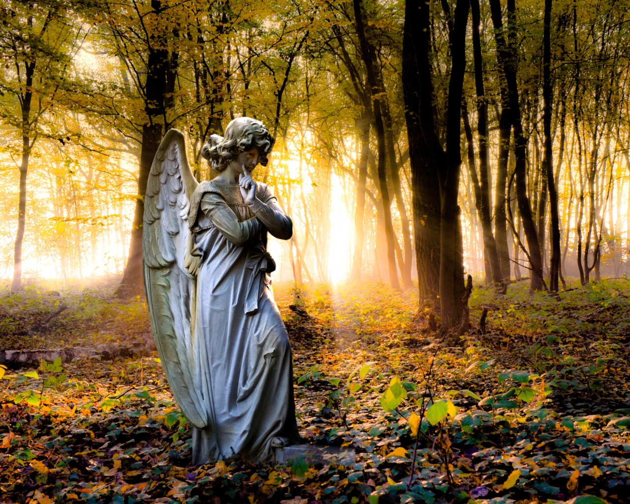 Статуя ангела в лесу в лучах солнца