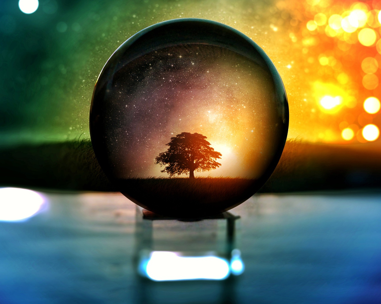Дерево  отражается в стеклянном шаре