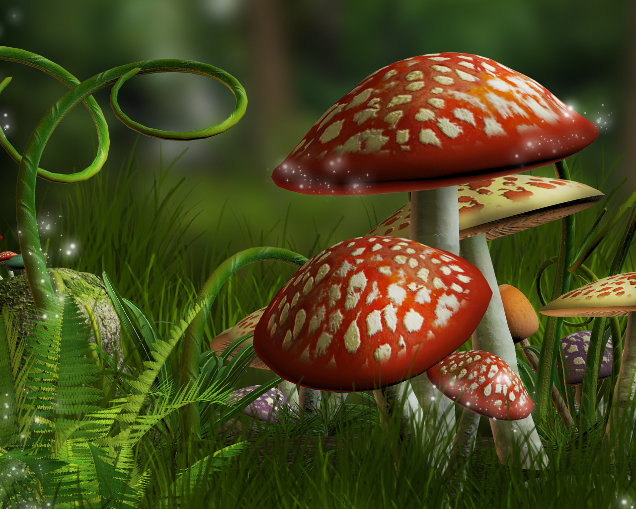 Нарисованные фантастические грибы мухоморы