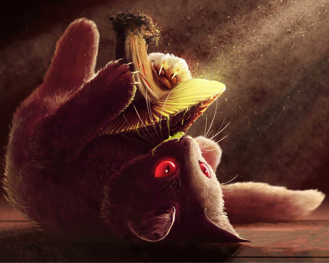 Нарисованный котенок с грибом 