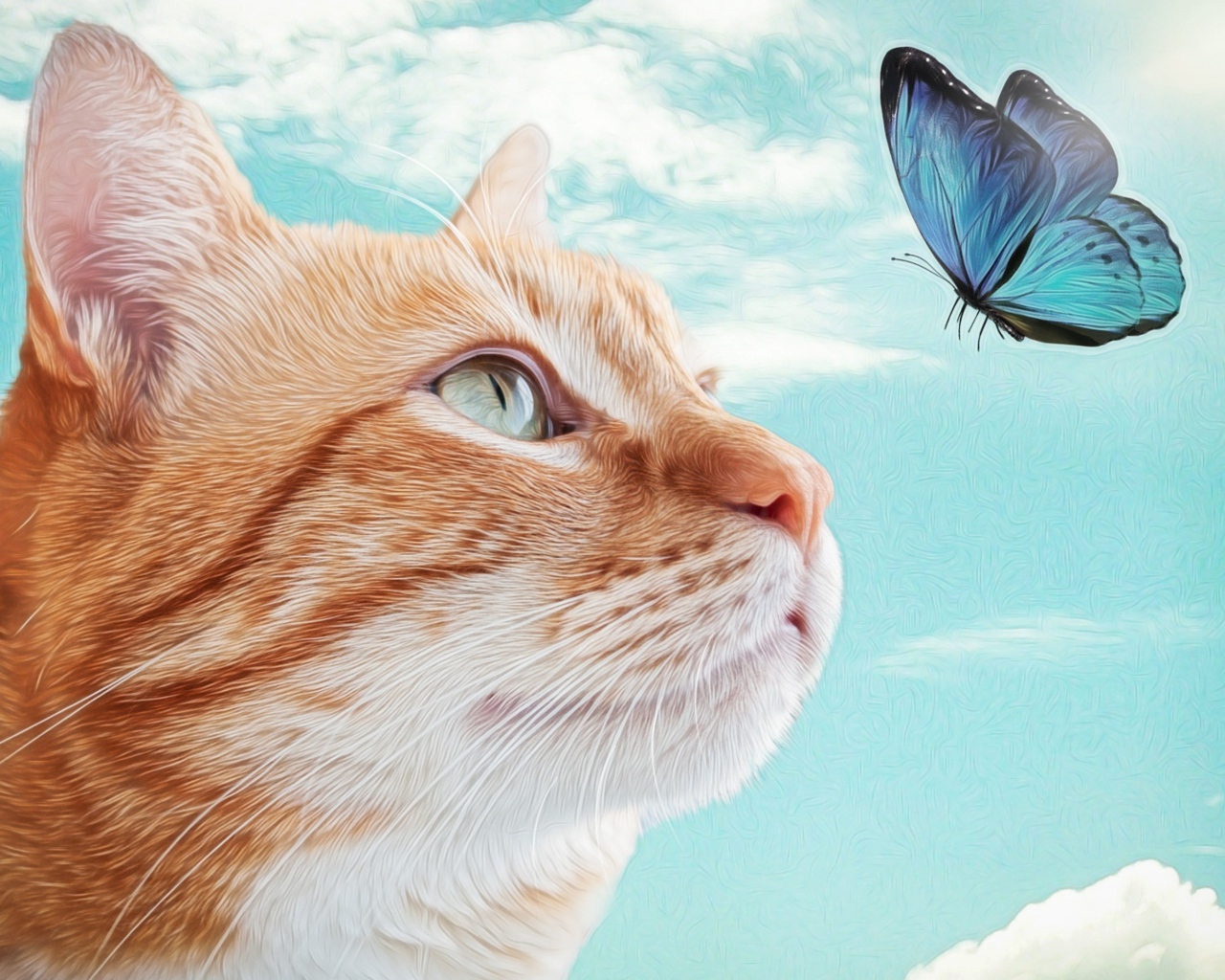 Нарисованный рыжий кот с голубой бабочкой 