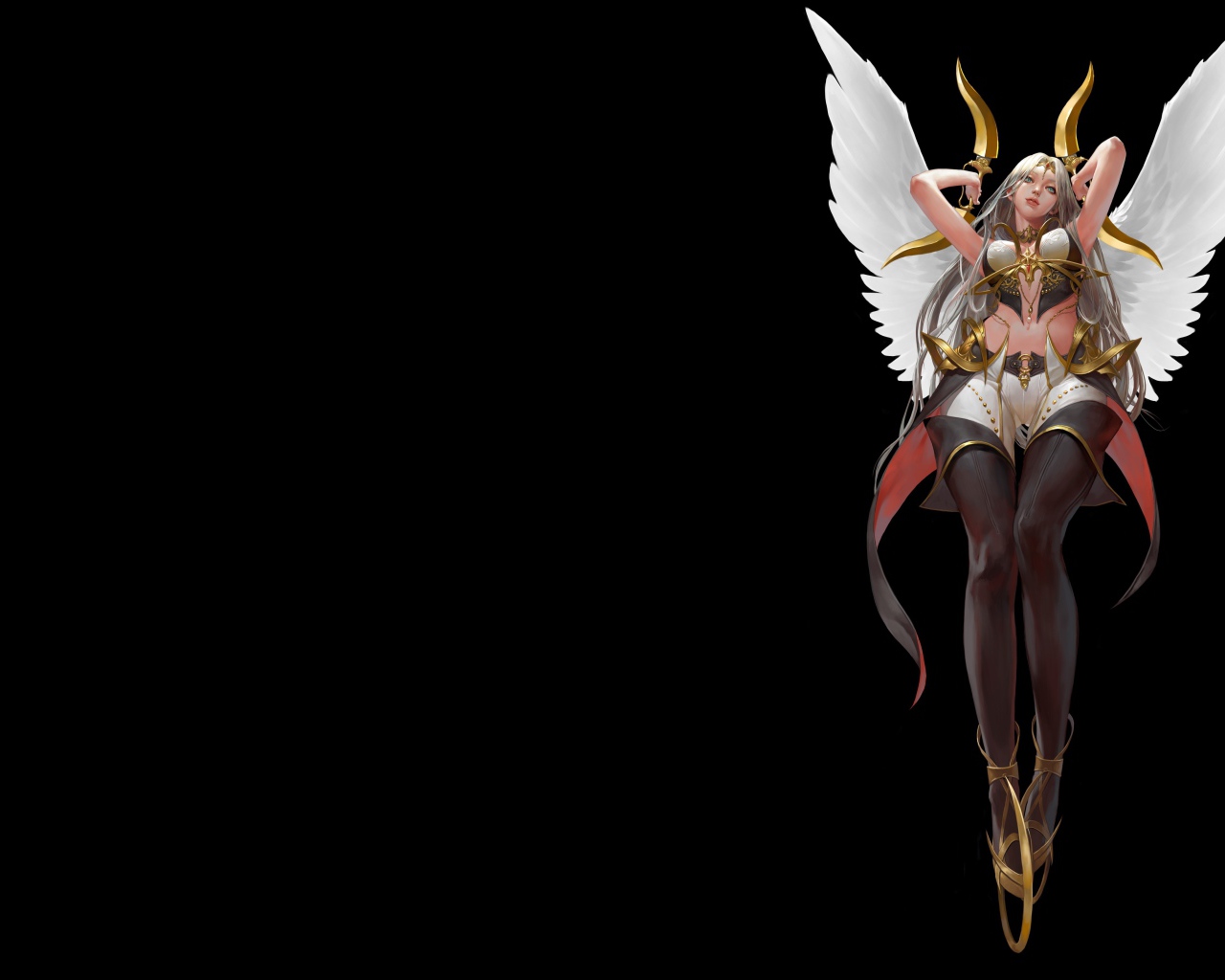 Девушка Ангельский Воин на черном фоне фэнтези