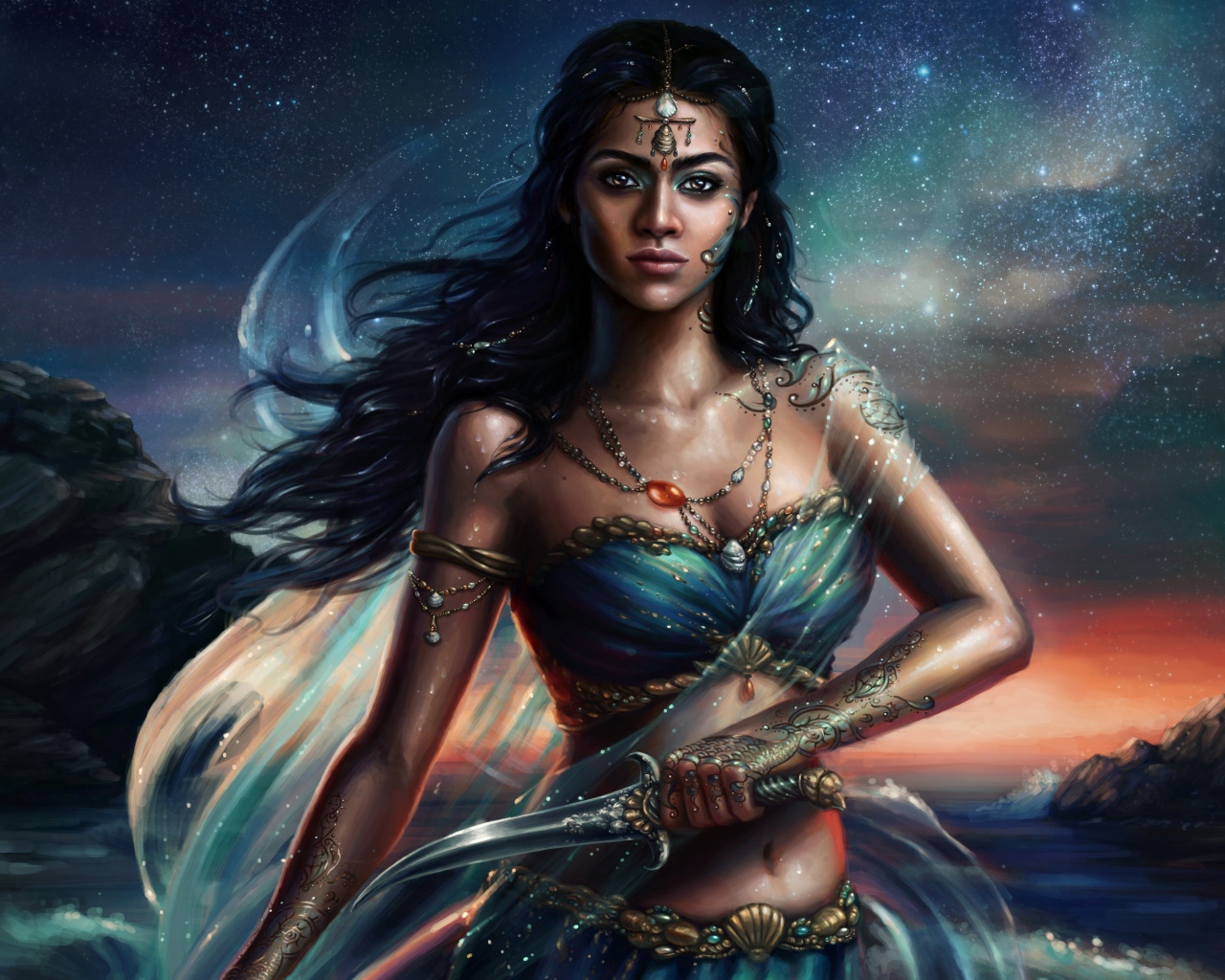 Красивая девушка воин с кинжалом в руках, фэнтези