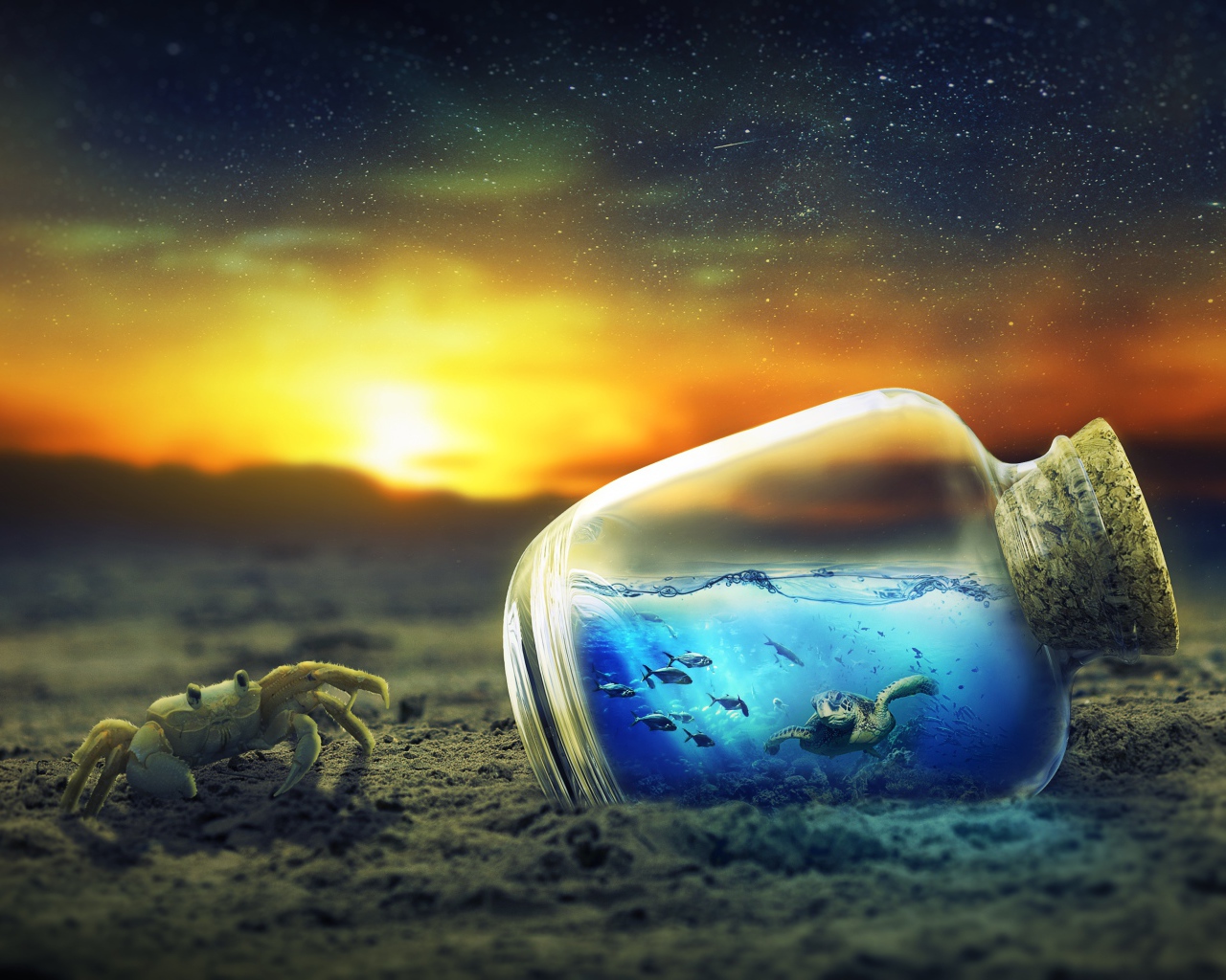 Краб рядом с бутылкой с маленькими черепахами, фэнтези