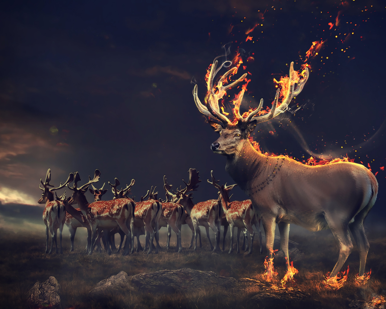 Фантастический олень с огненными рогами и копытами