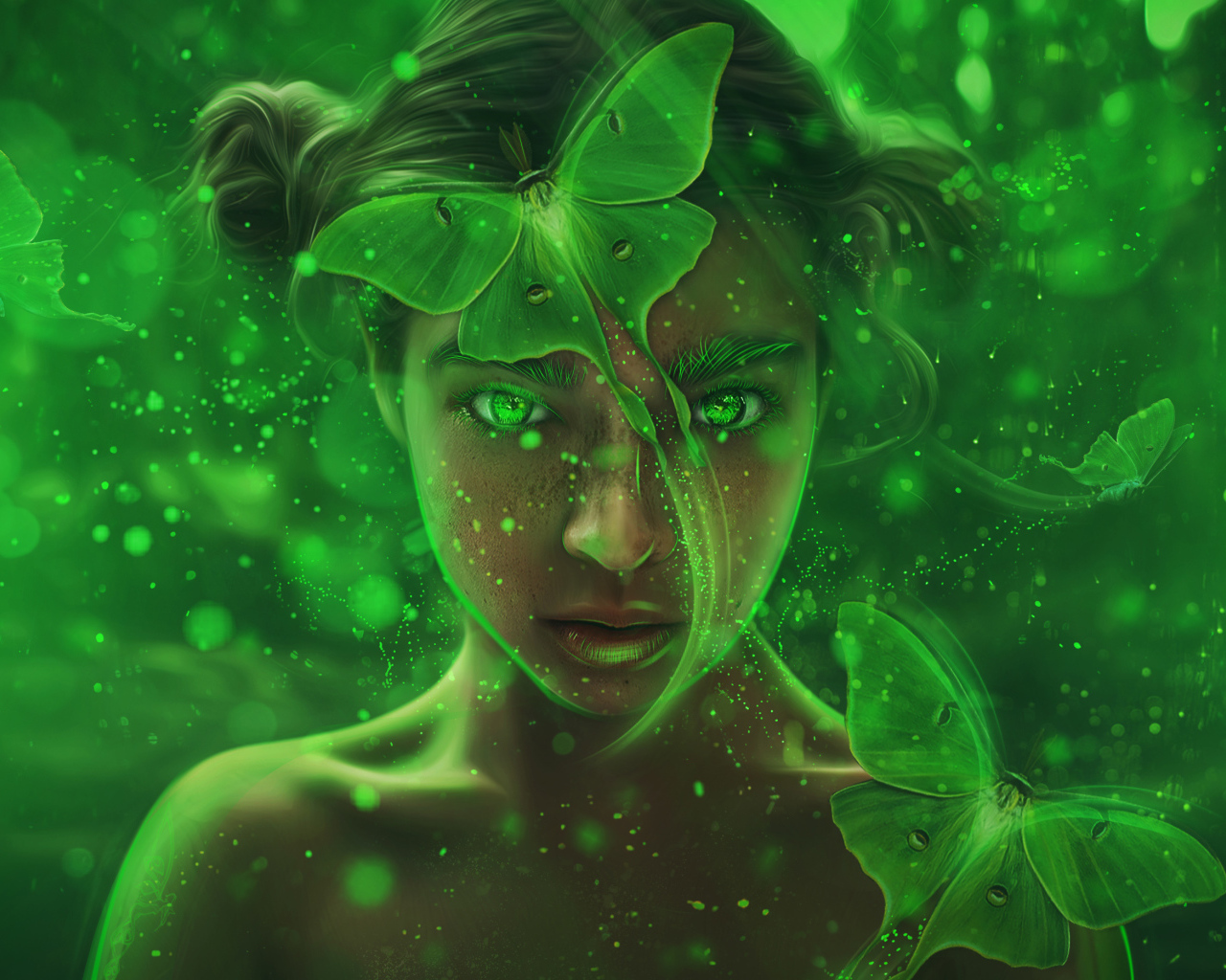 Фантастическая девочка с зелеными бабочками