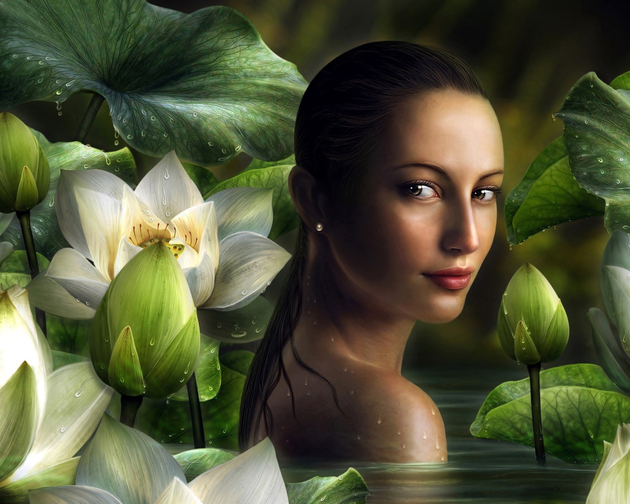 Девушка фэнтези на фоне белых цветов лотоса