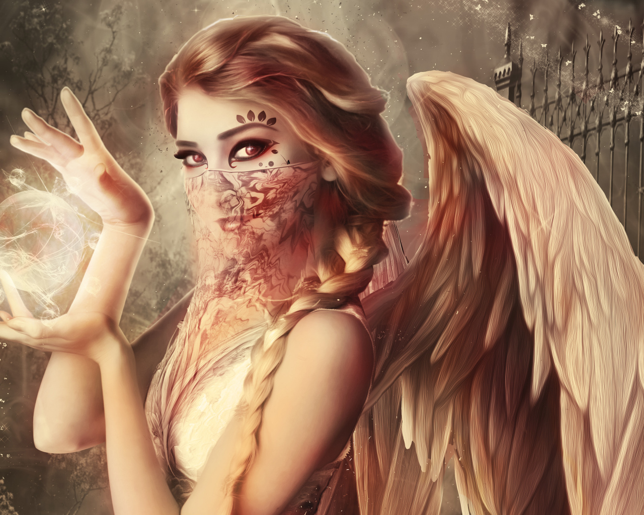 Девушка ангел со сферой в руках, фэнтези