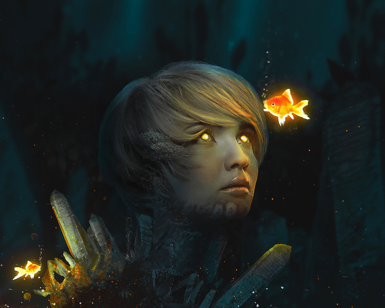 Девушка со светящимися глазами на дне с золотыми рыбками