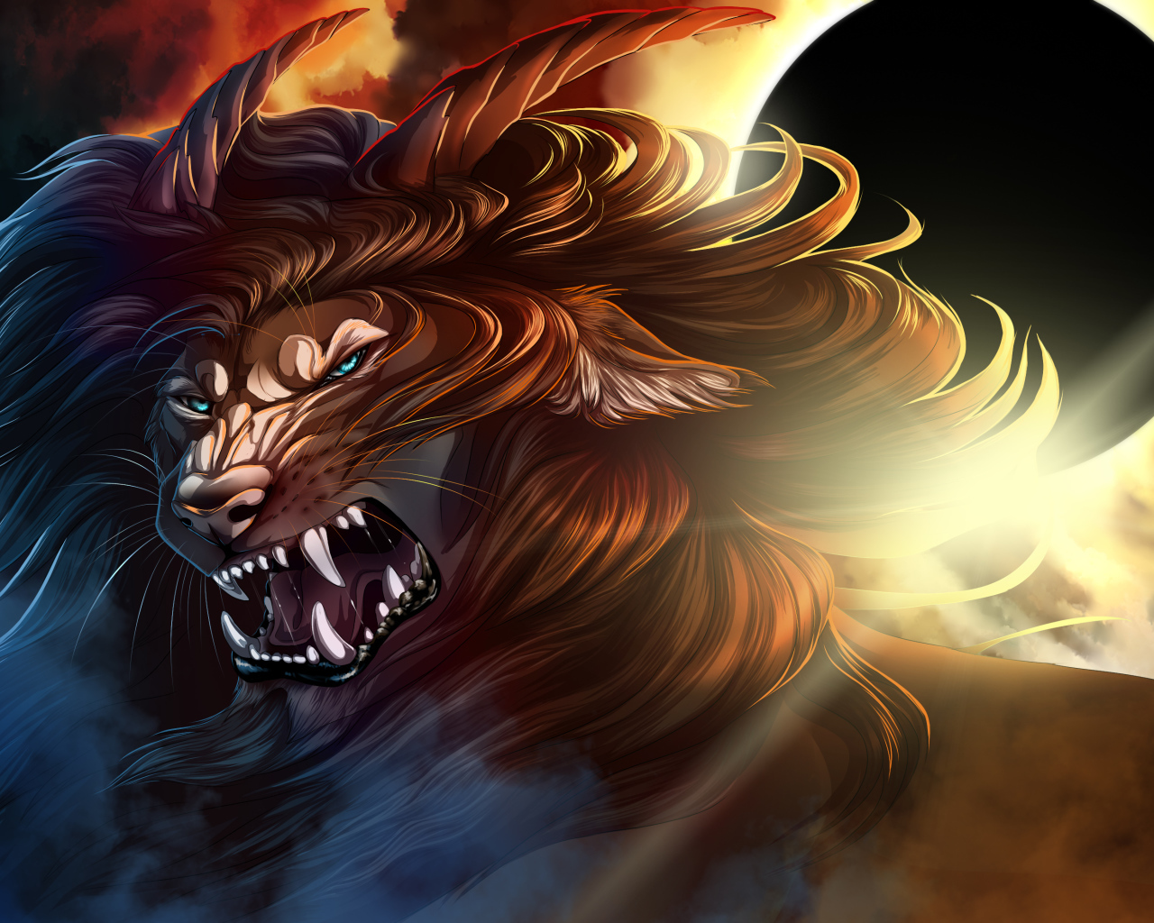 Грозный лев с рогами на фоне черной луны, фэнтези