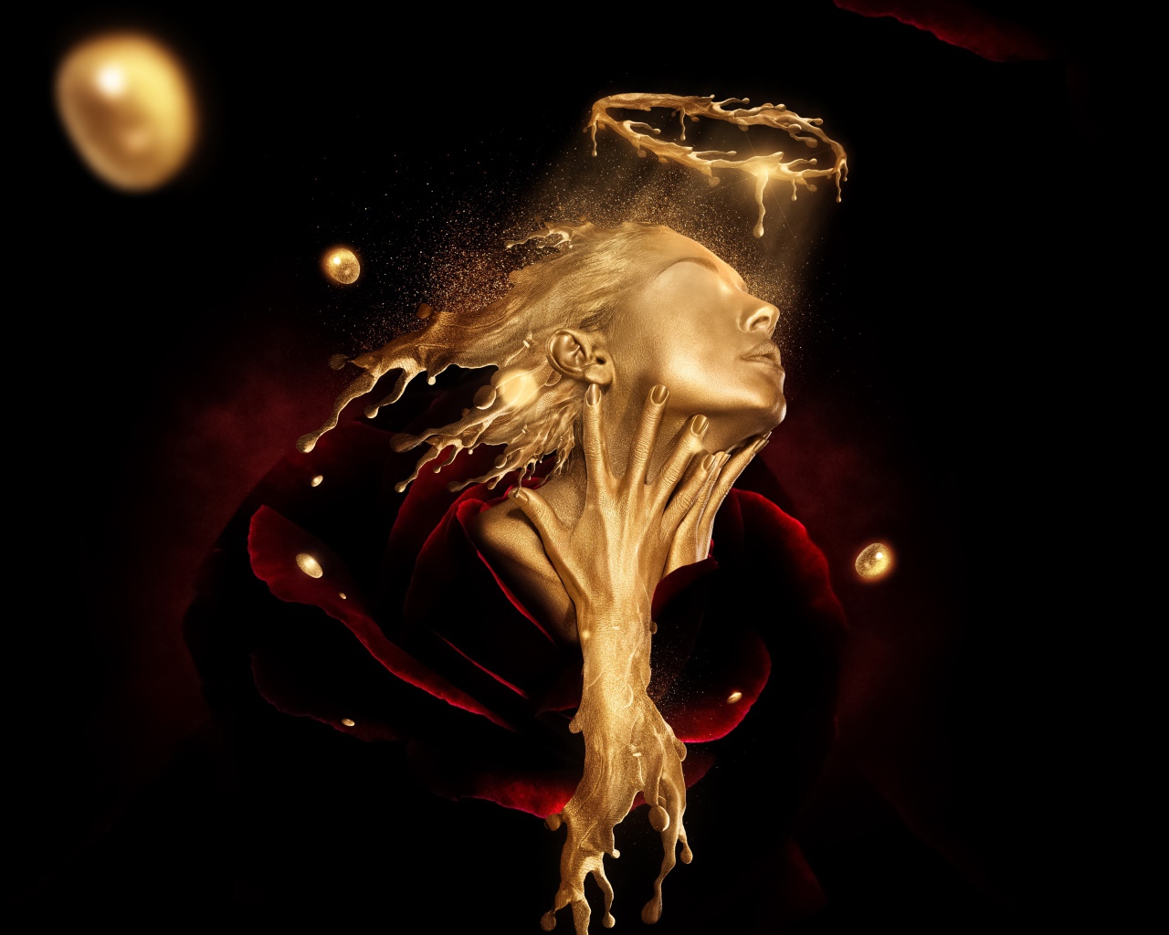 Лицо девушки из золота в красной розе, фэнтези