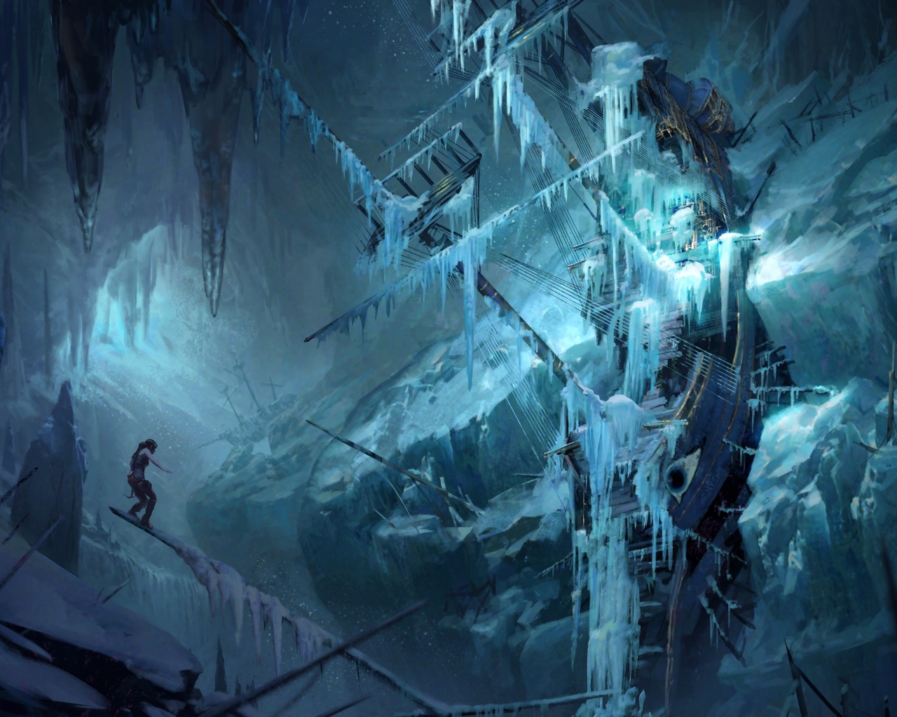 Девушка стоит на затонувшем покрытом льдом корабле, фэнтези