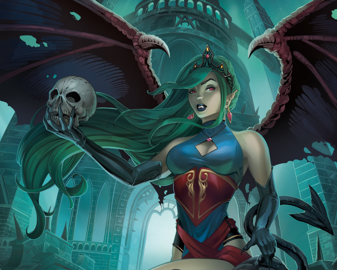 Девушка вампир с черепом в руке, фэнтези