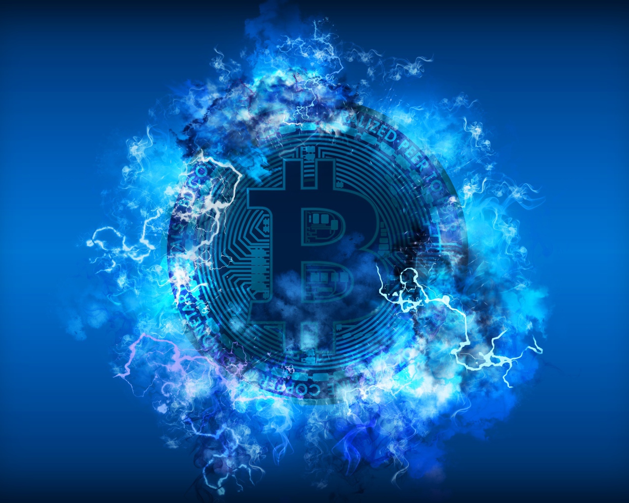 Coin bitcoin with lightning bolts on a blue background