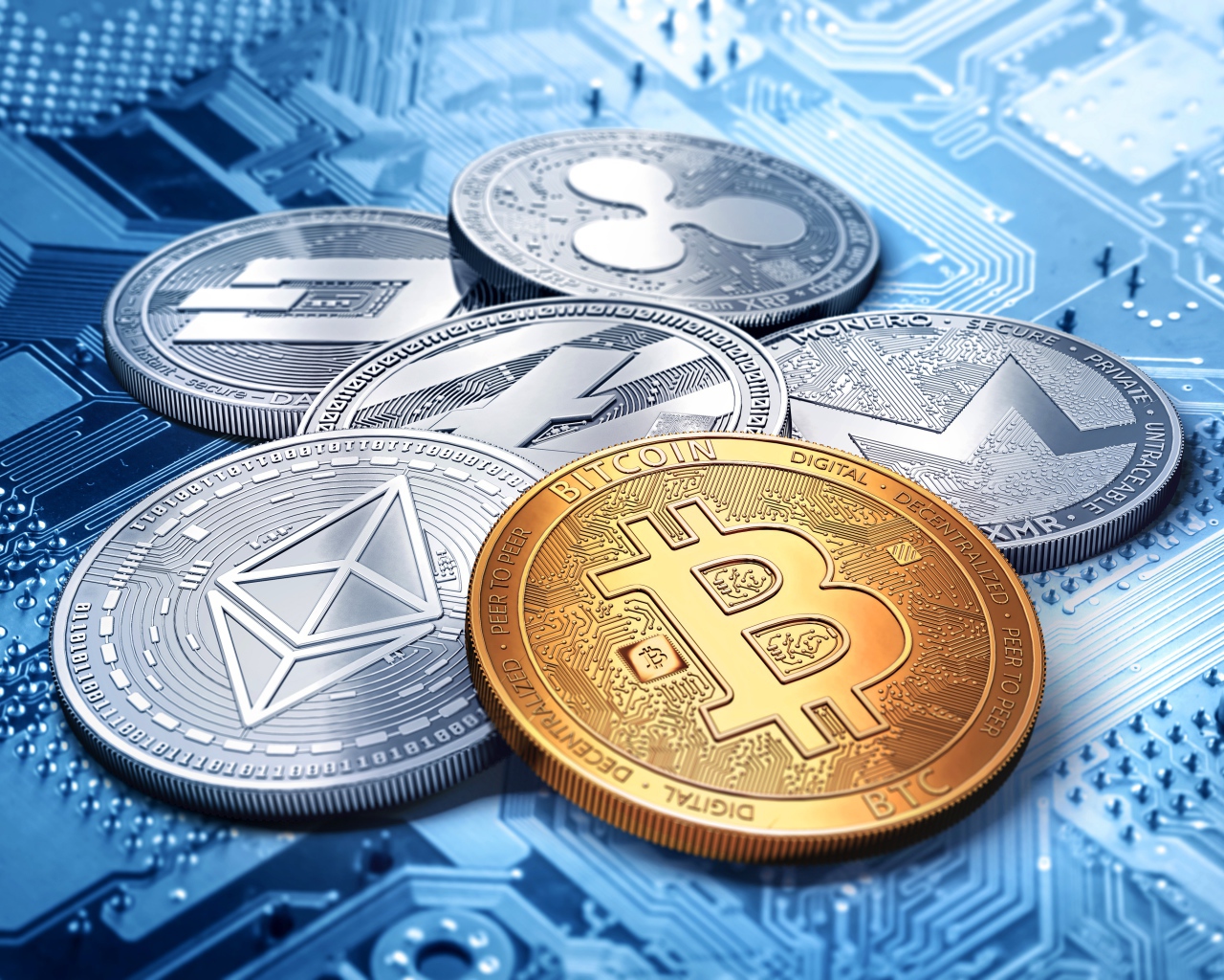 Монеты биткоин и монеро лежат на плате