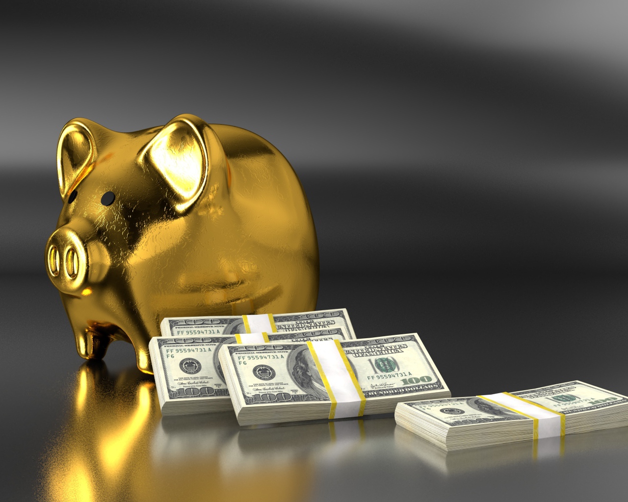 Свинья копилка на сером фоне с пачками долларов
