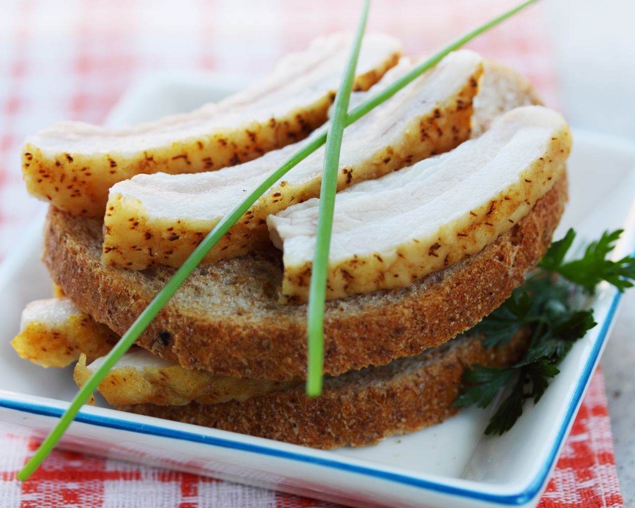 Черный хлеб с салом и зеленью на столе