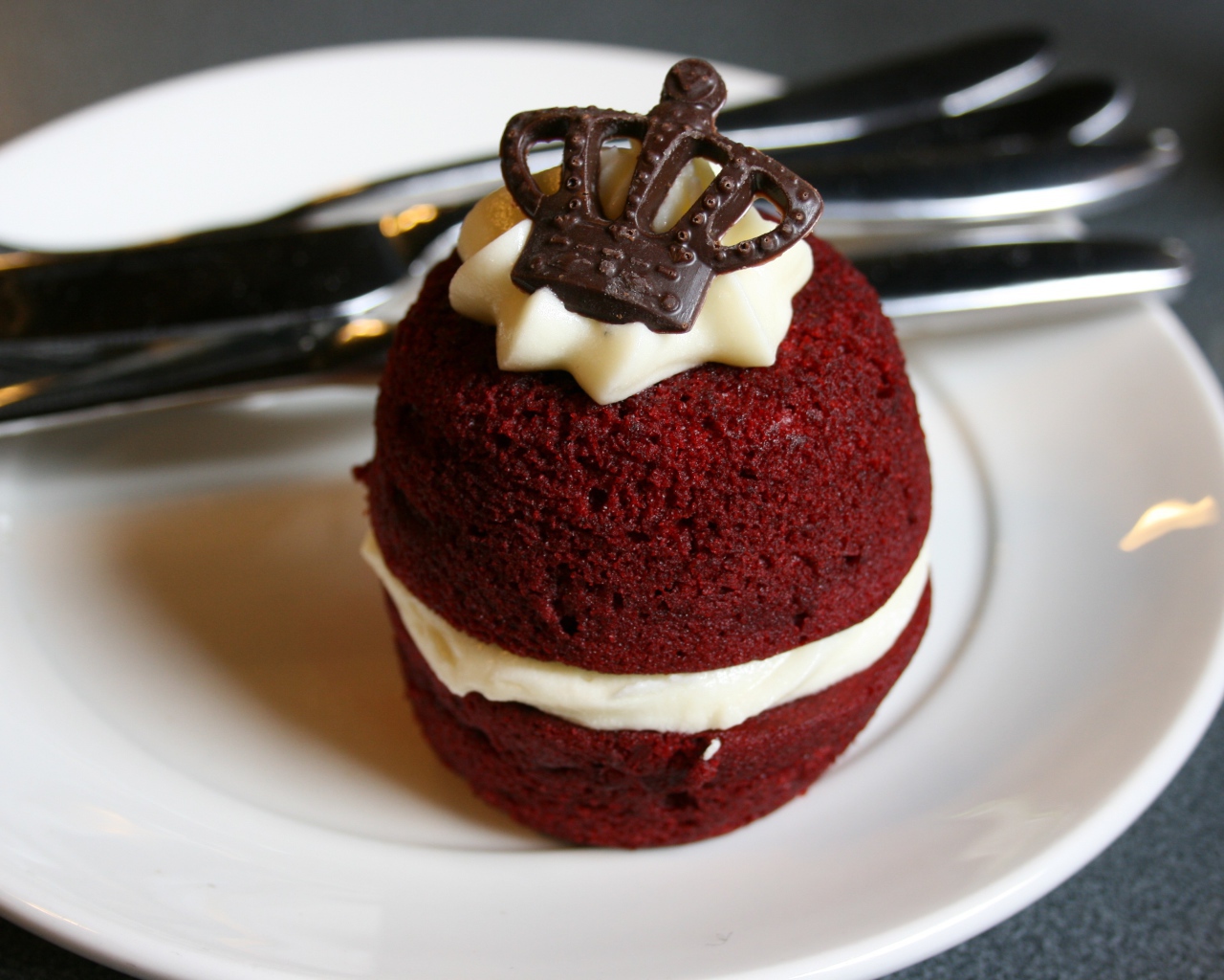 Пирожное с кремом и украшением из шоколада на белой тарелке