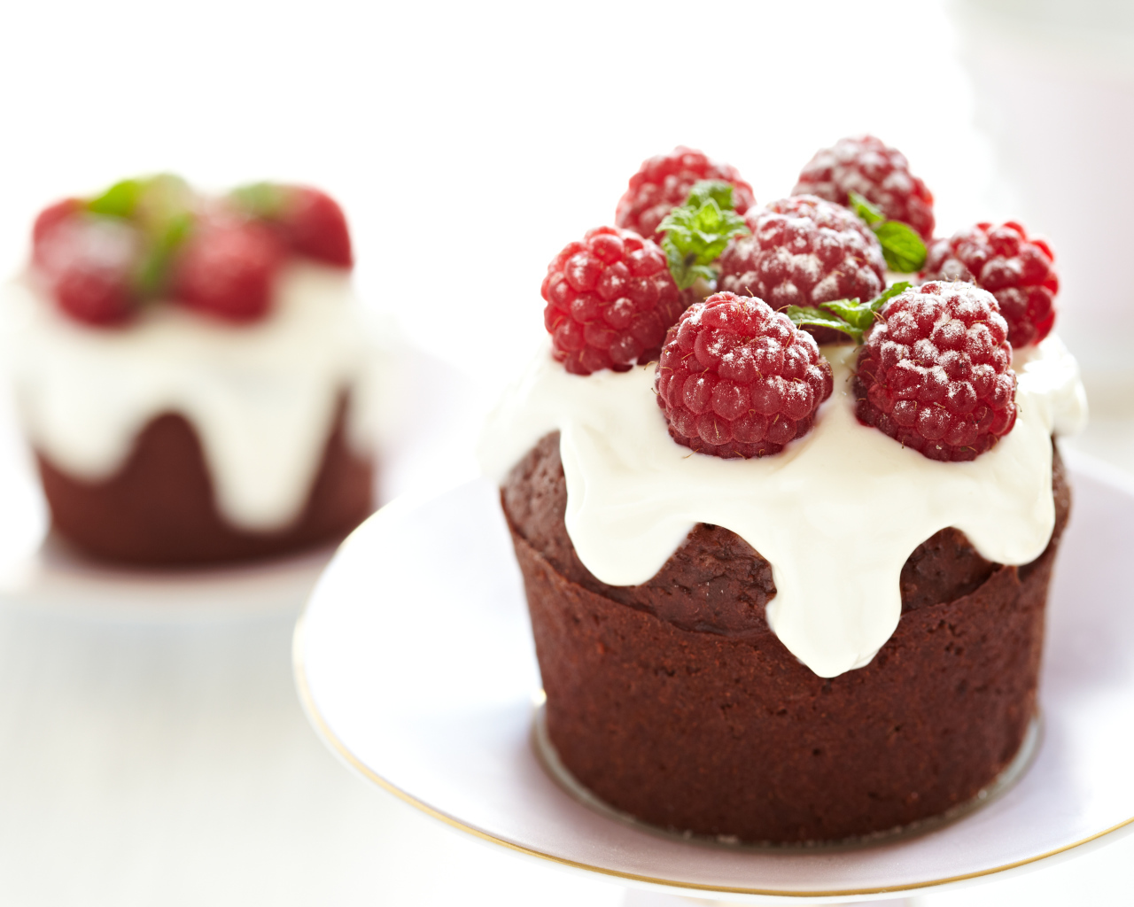 Кекс с кремом и ягодами малины на белой тарелке