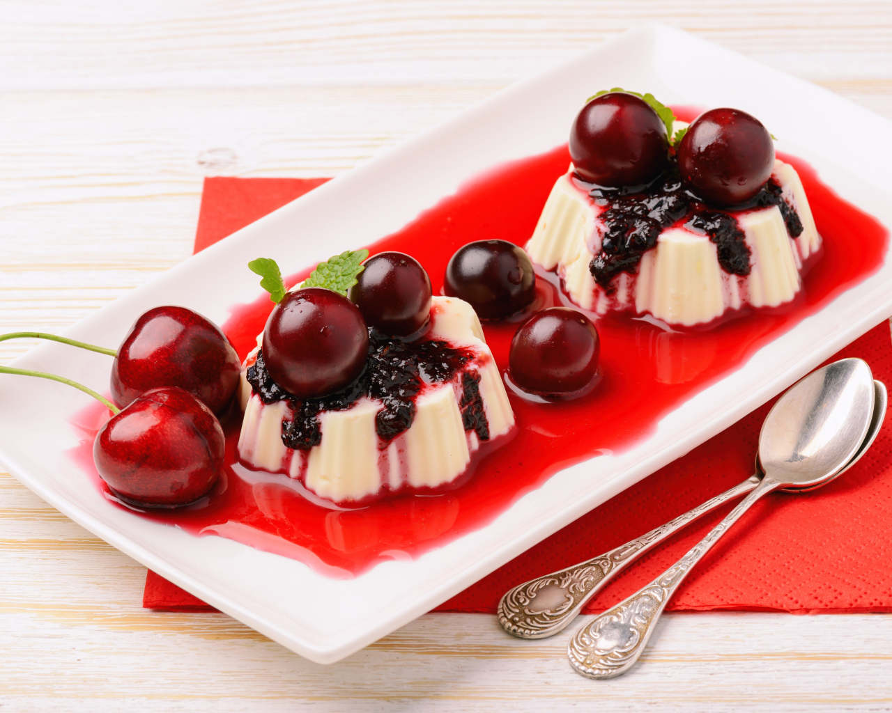 Десерт с желе и ягодами черешни на тарелке с сиропом