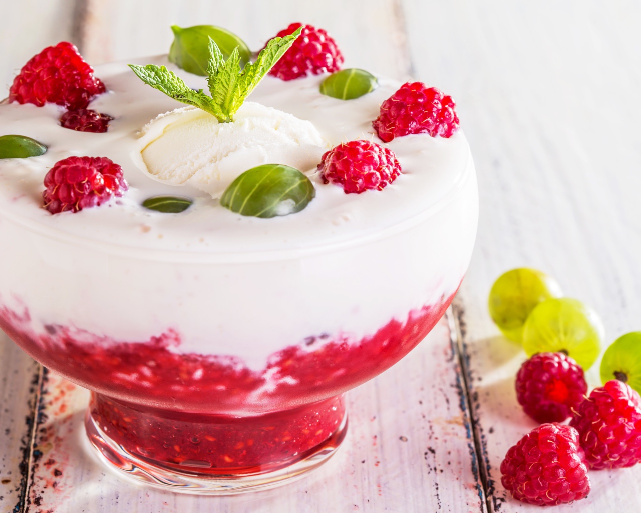 Десерт с йогуртом, малиной, крыжовником и мороженым