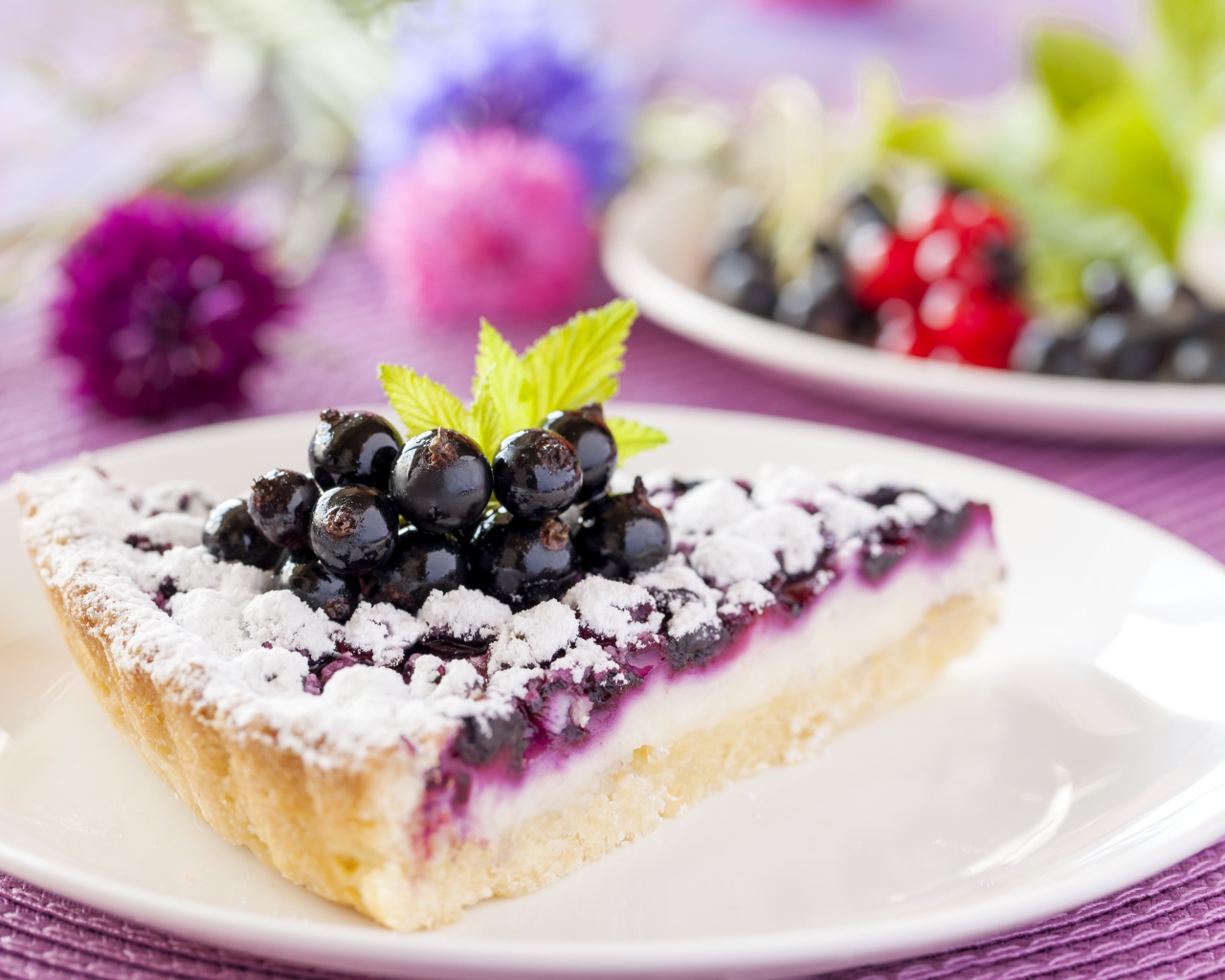 Кусок пирога с черной смородиной на белой тарелке 