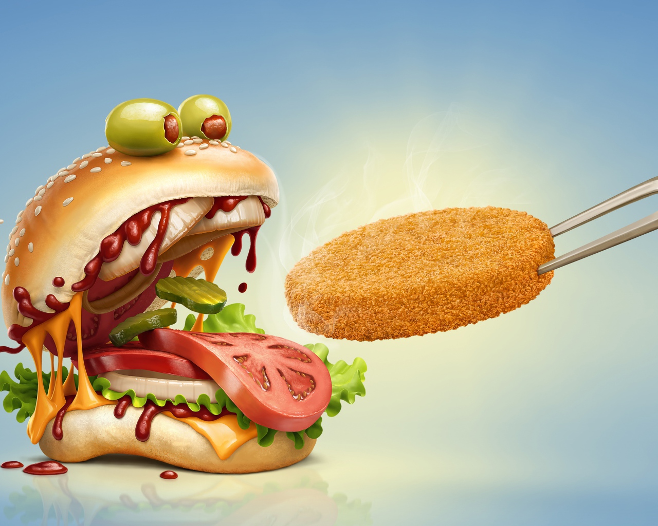 Смешной гамбургер кормят котлетой