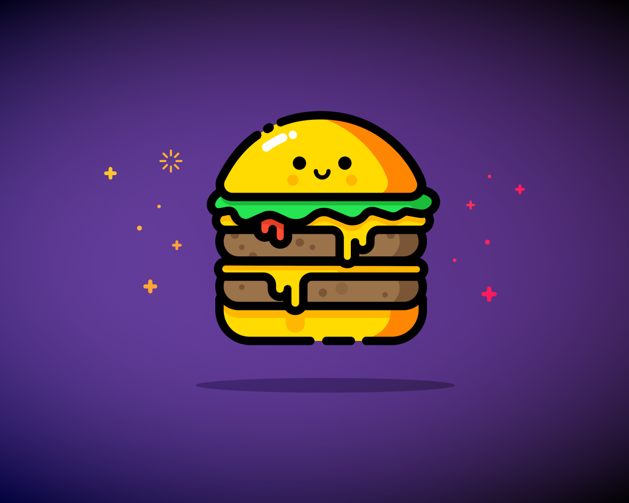 Нарисованный веселый гамбургер на фиолетовом фоне