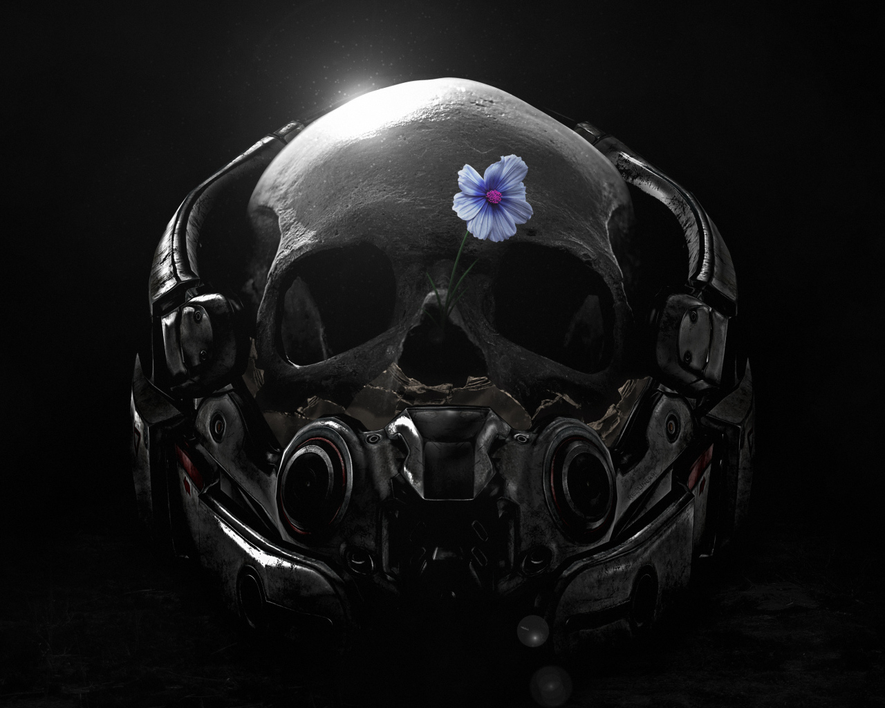 Skull in a helmet with a blue flower, a computer game Mass Effect. Andromeda