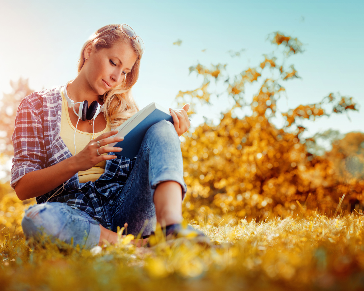 Молодая девушка читает книгу на желтой траве осенью