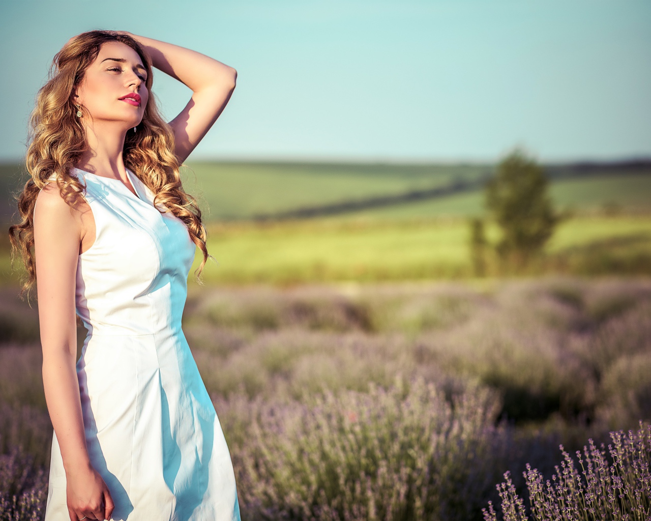 Красивая девушка в белом платье на лавандовом поле