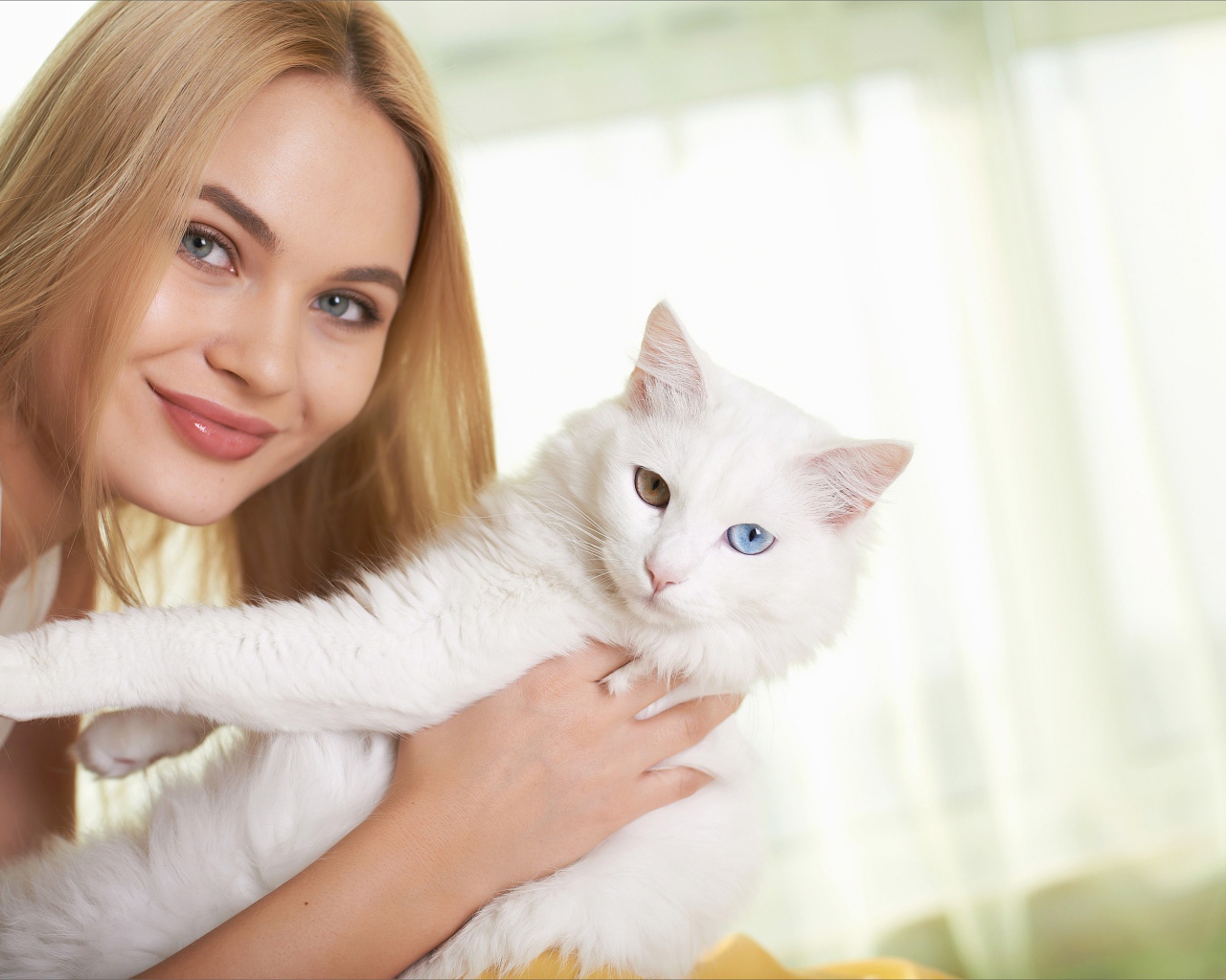 Красивая девушка с белым котом в руках