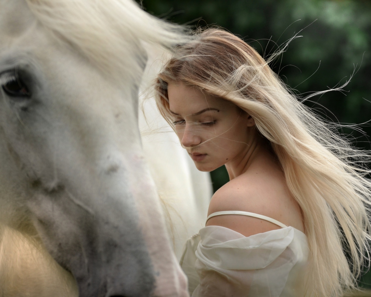 Красивая длинноволосая блондинка с конем