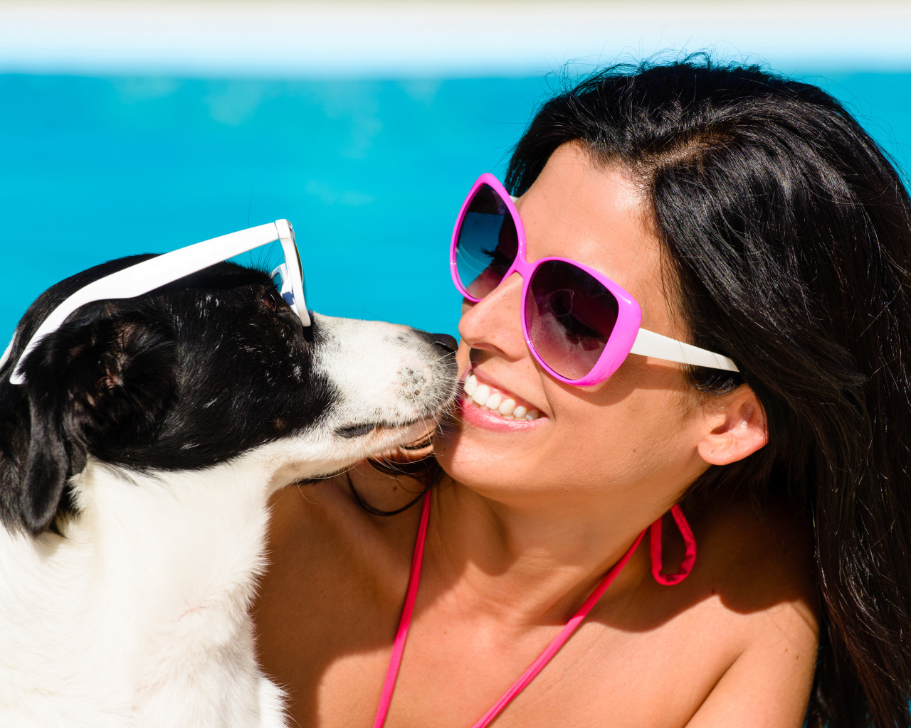 Красивая улыбающаяся девушка в солнечных очках с собакой 