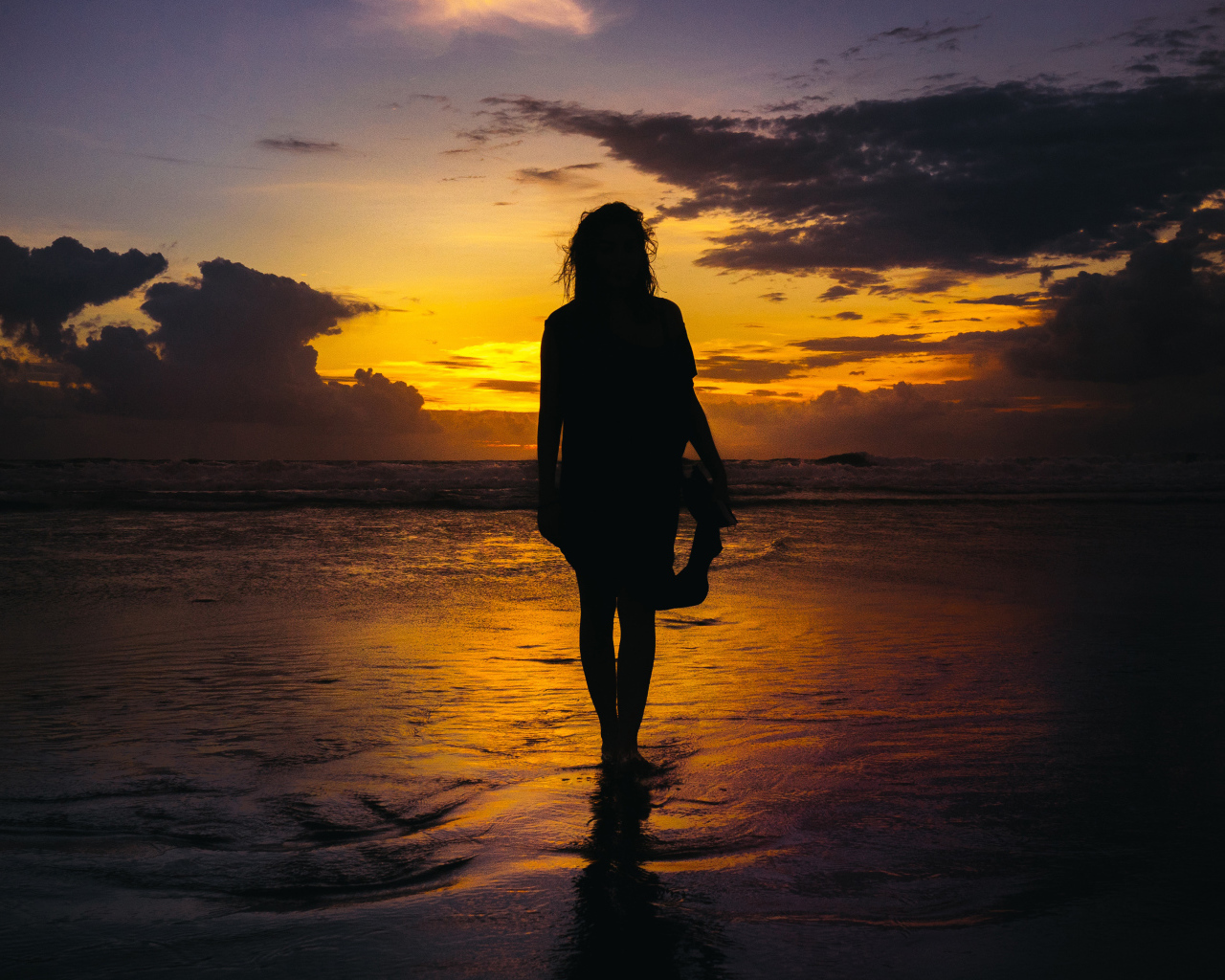 Силуэт красивой девушки на берегу моря на закате