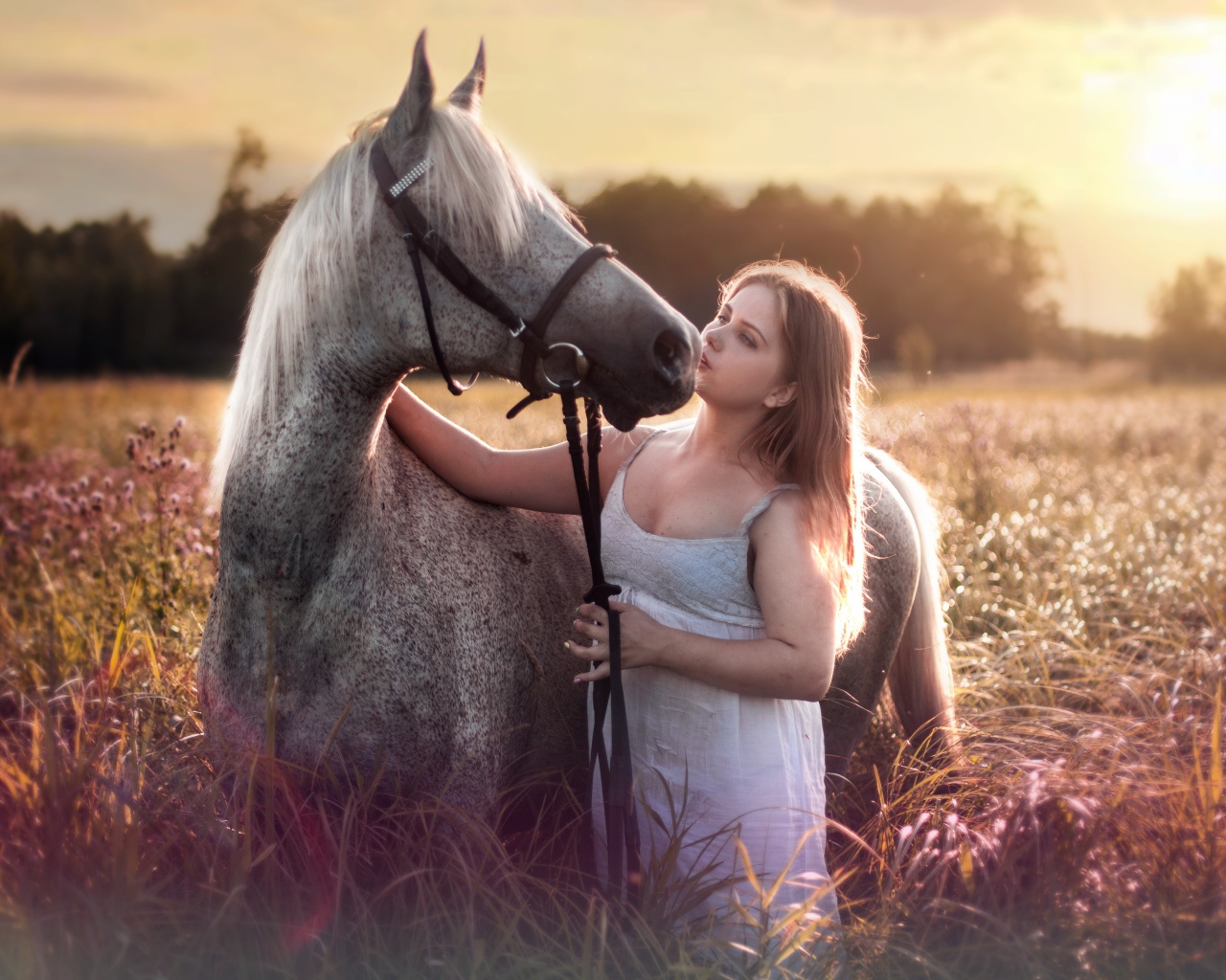 Молодая девушка с лошадью на поле