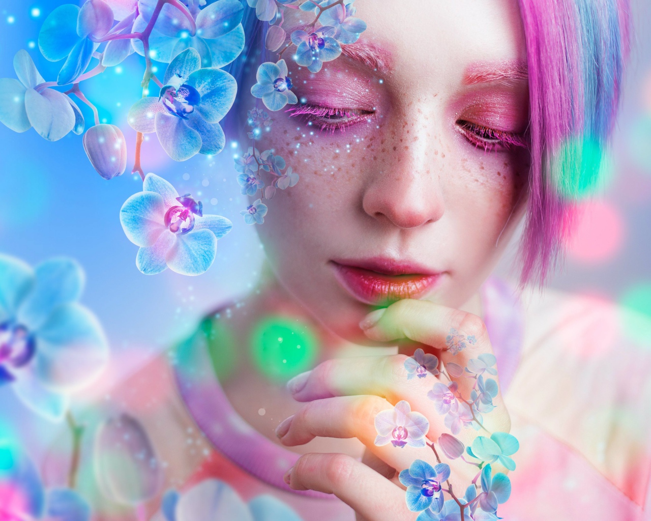 Молодая девушка с розовым макияжем в окружении цветов