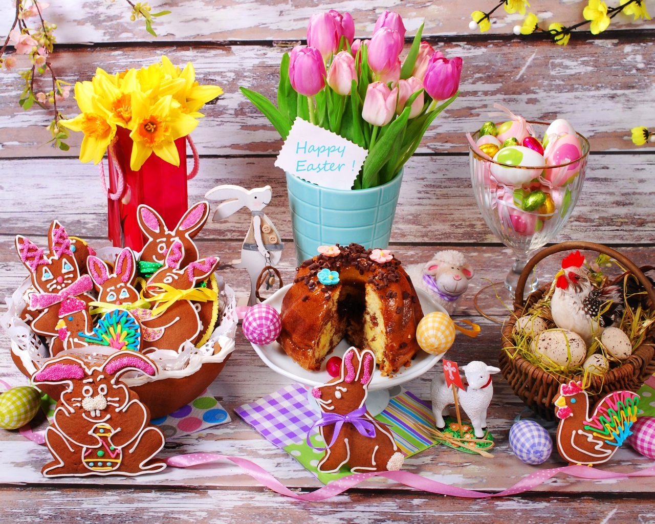 Вкусные праздничные угощения и живые цветы на праздник Пасха