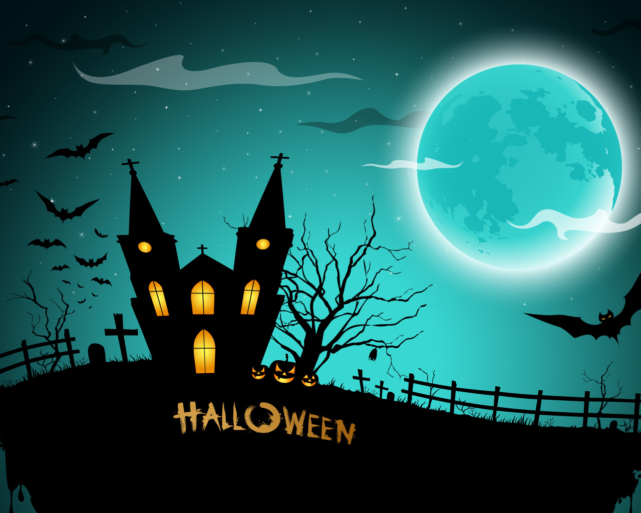 Черный замок на фоне луны на праздник Хэллоуин