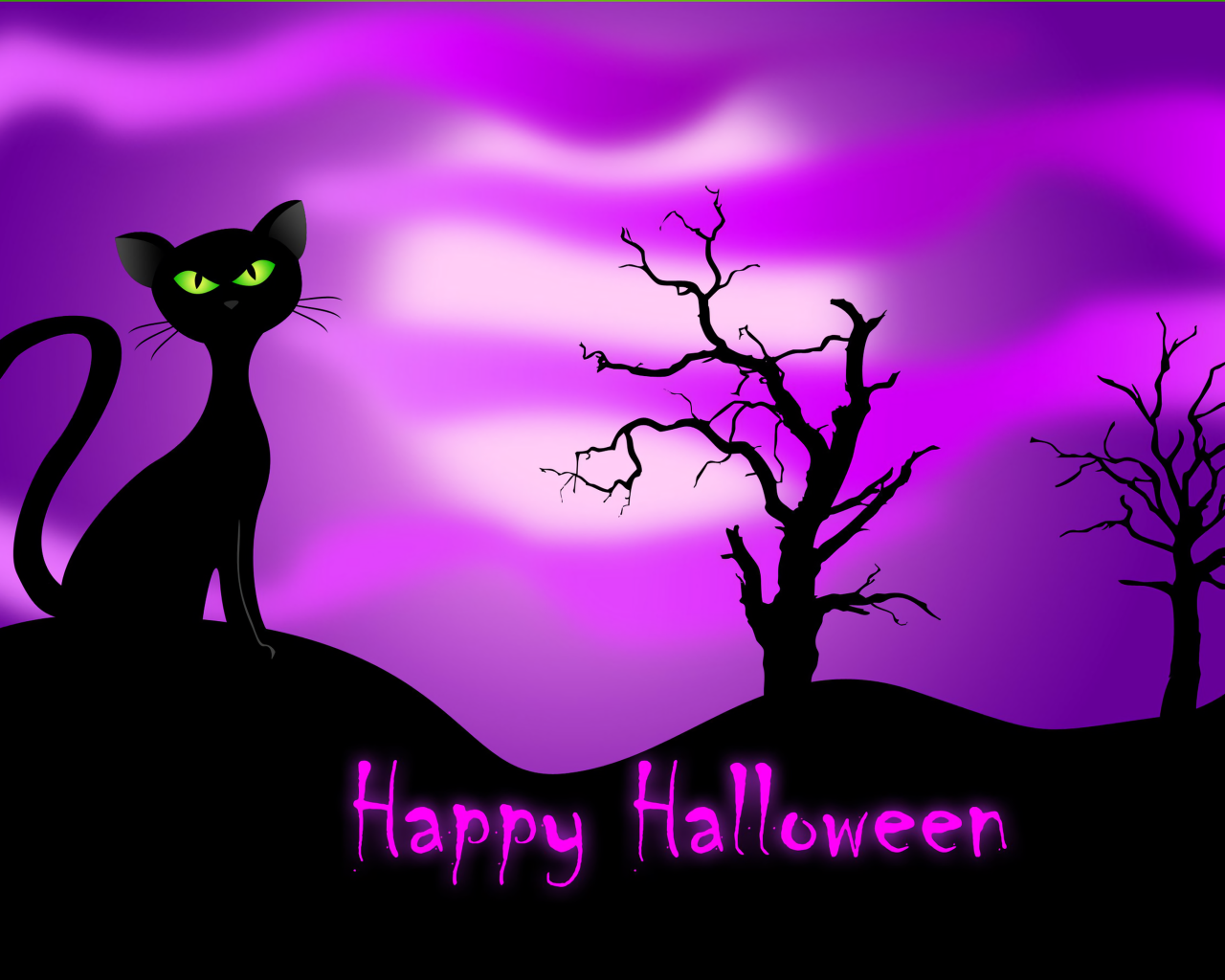 Черный кот на фиолетовом фоне на праздник Хэллоуин