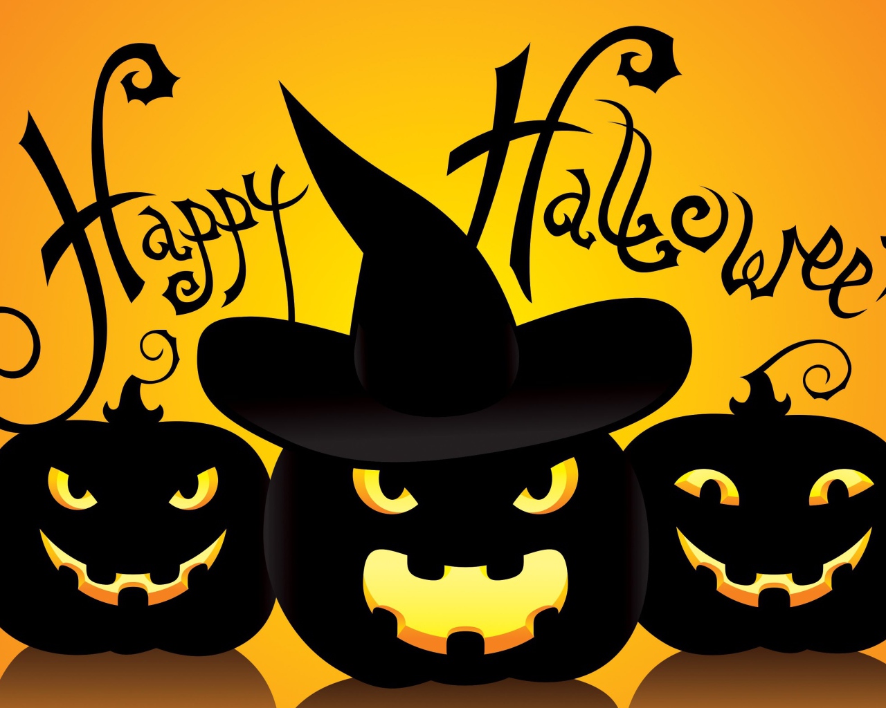 Черные тыквы в шляпах на желтом фоне к празднику Хэллоуин