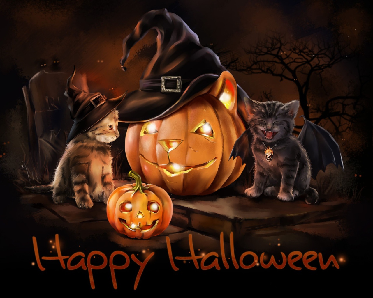 Смешные котята с тыквой на праздник Хэллоуин